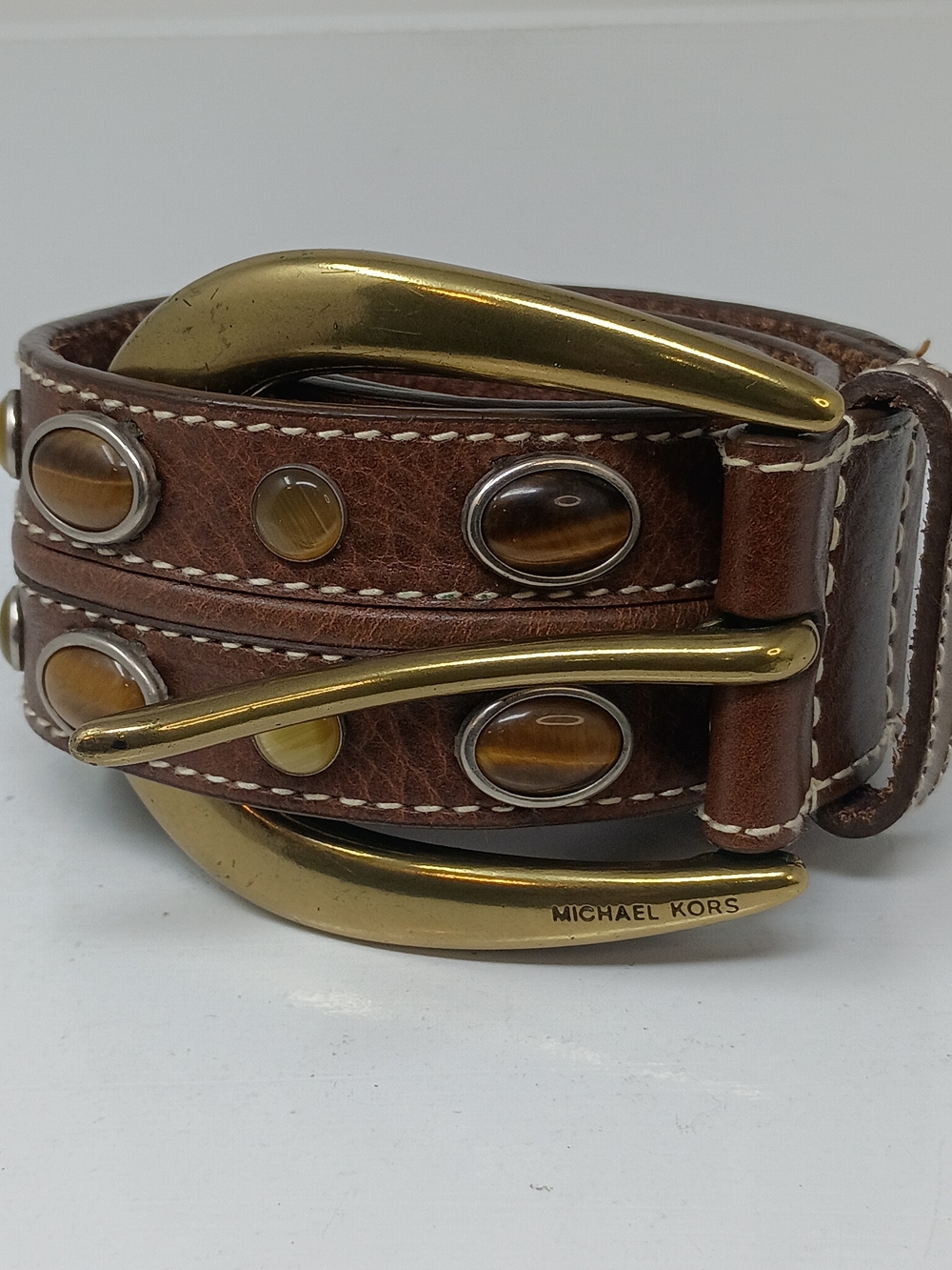 Michaels Kors Brown Leather Belt, Brass Buckle with Stud Accents - Picture 12 of 13